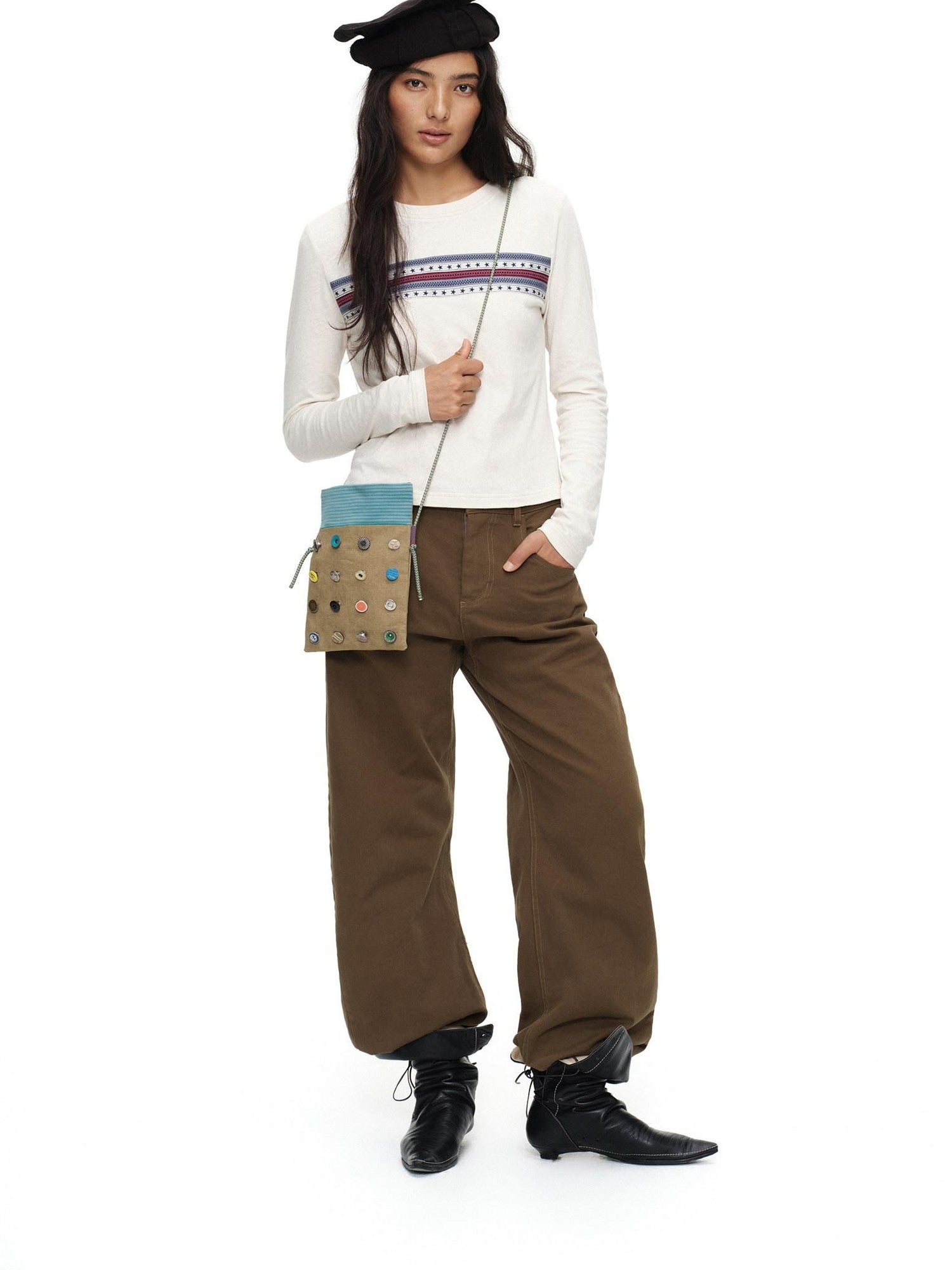 oinimi Khaki Stripe Button Badge Studded Square Women&