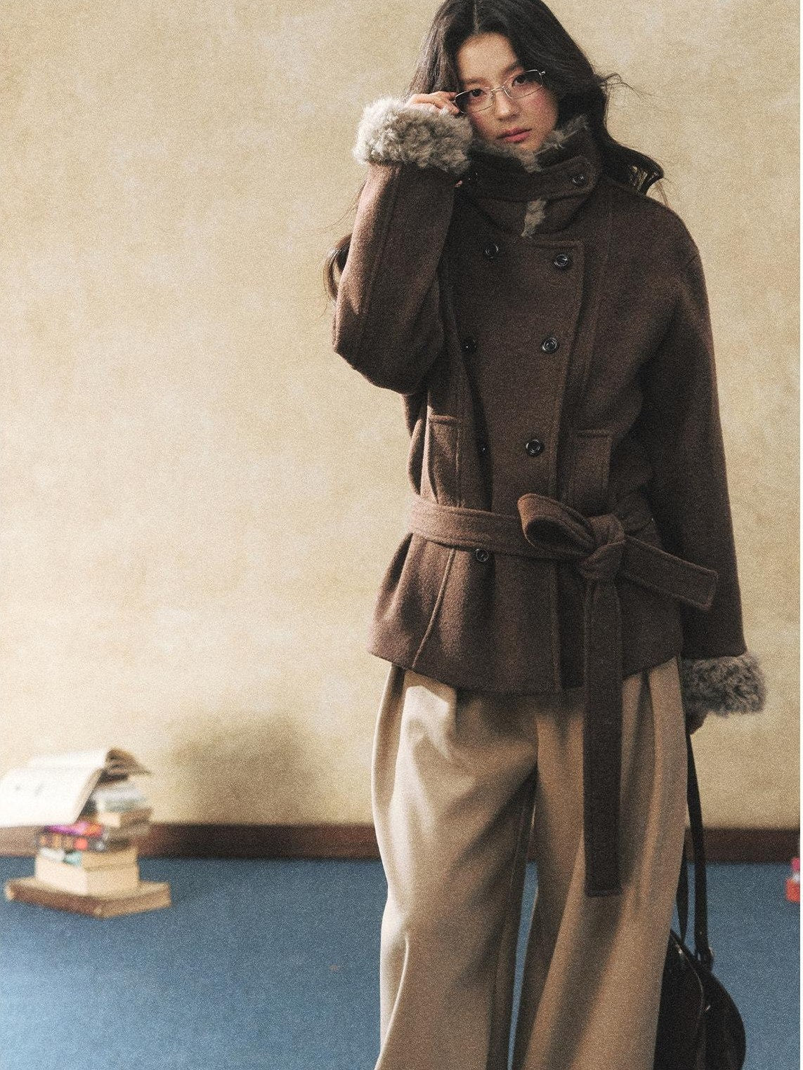 7Shiftin Warm Waist Cinched Casual Mid Length Fur Collar Double Breasted Brown Coats