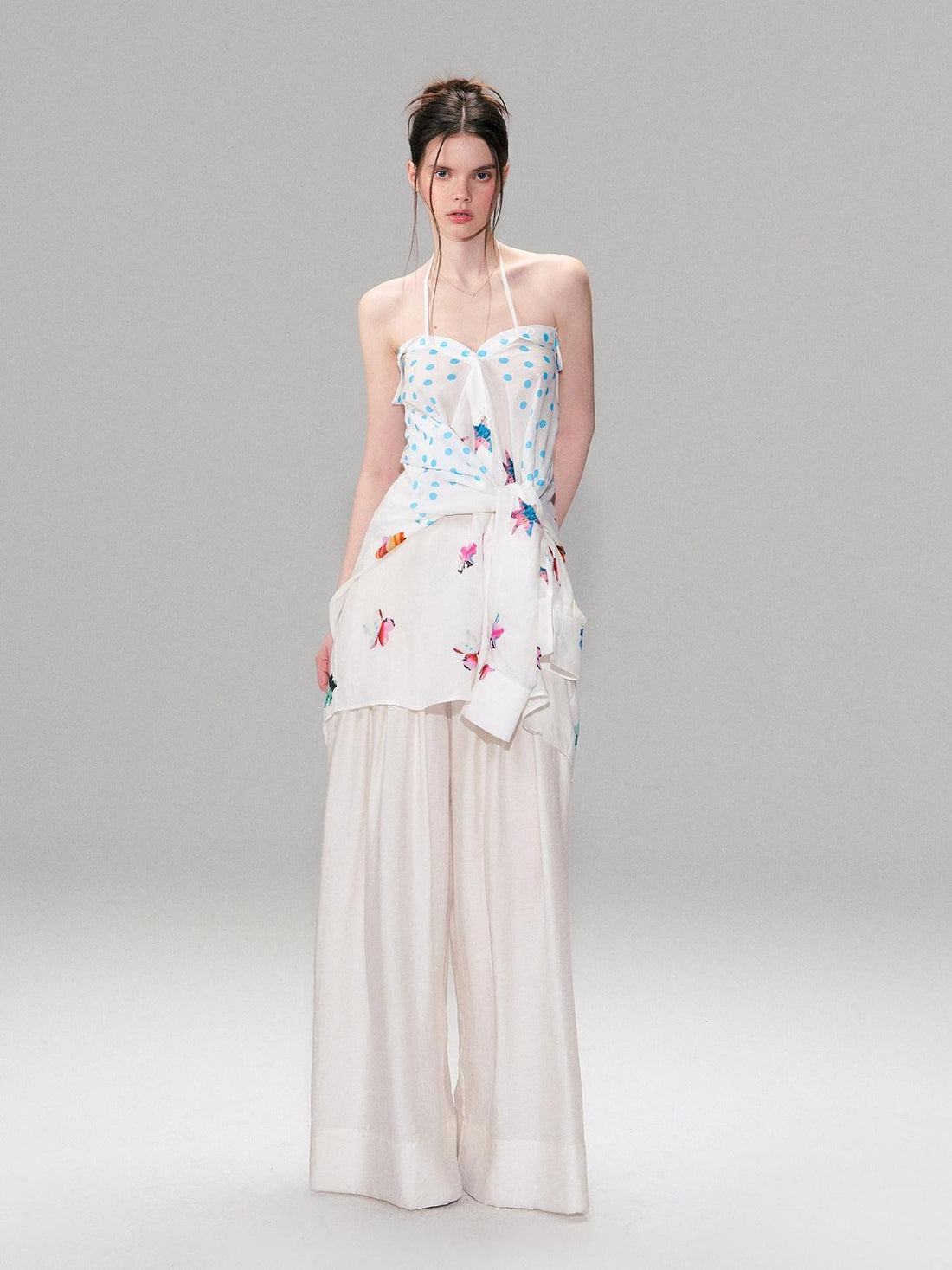 The NeverMore Lightweight Linen Blend Pleated Mid Waist Casual Women Off White Wide Leg Pants
