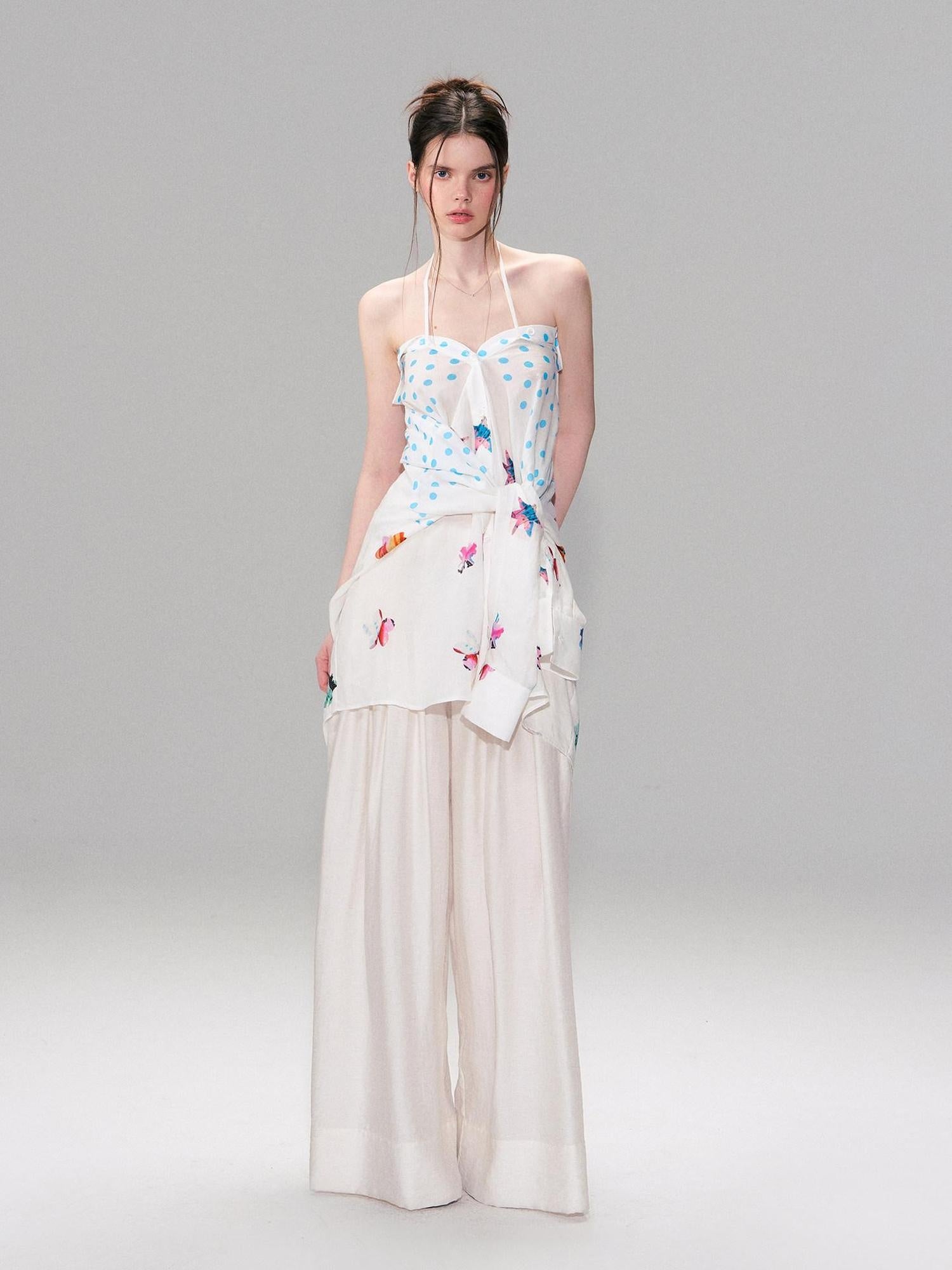 The NeverMore Lightweight Linen Blend Pleated Mid Waist Casual Women Off White Wide Leg Pants