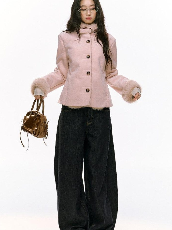 7Shiftin Fleece Lined Original Slim Stand Collar Button Coffee Pink Cropped Jackets