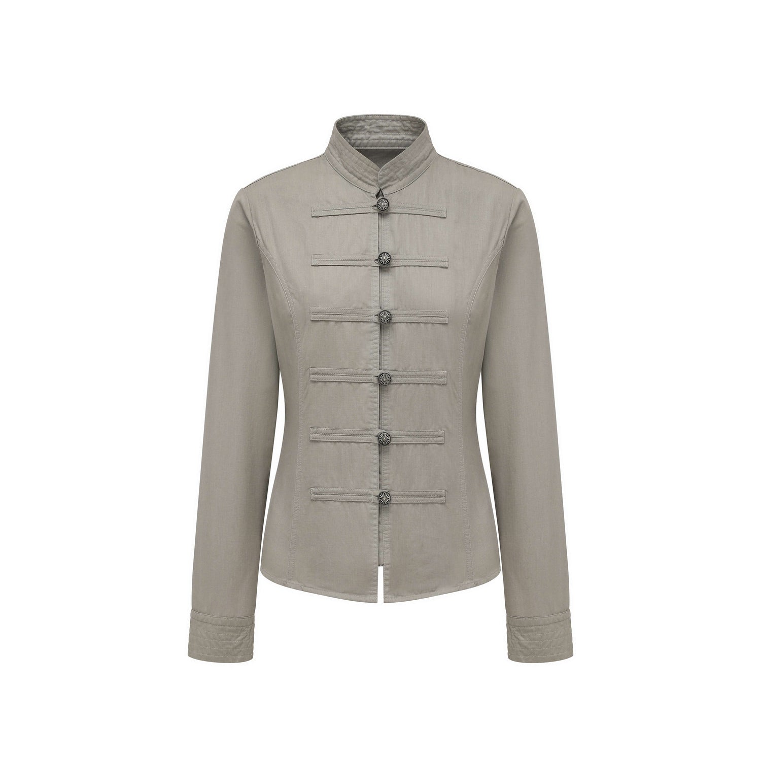 oinimi_Star_Gray_Washed_Napoleon_Button_Stand_Collar_Fitted_Waist_Women&