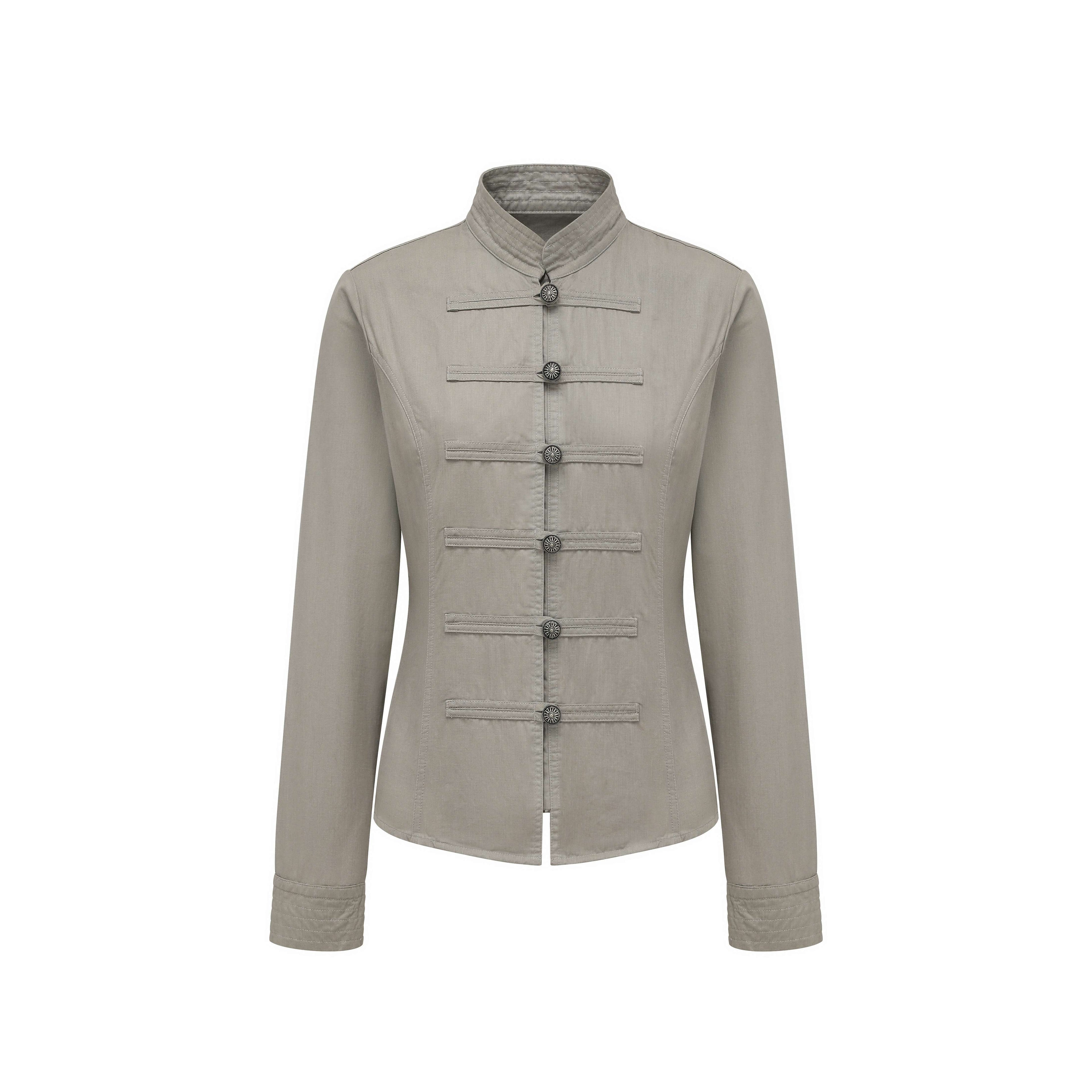 oinimi_Star_Gray_Washed_Napoleon_Button_Stand_Collar_Fitted_Waist_Women&