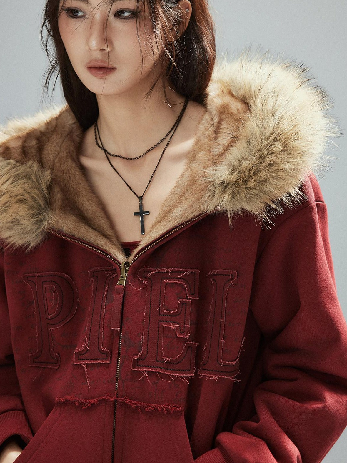 Low pixel Thick Warm 100 Percent Cotton Street Loose Fit Zip Up Women Red Oversized Hoodie