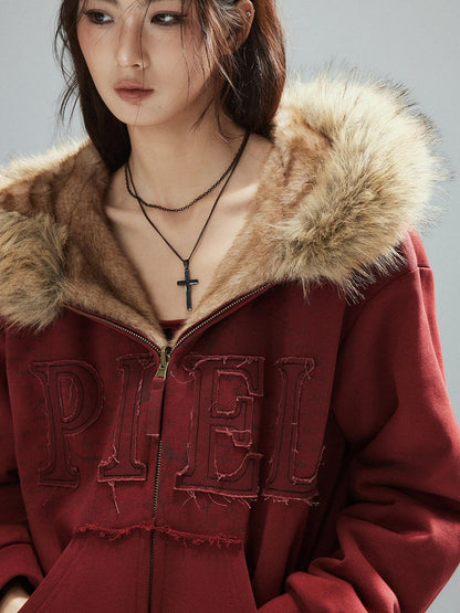 Low pixel Thick Warm 100 Percent Cotton Street Loose Fit Zip Up Women Red Oversized Hoodie