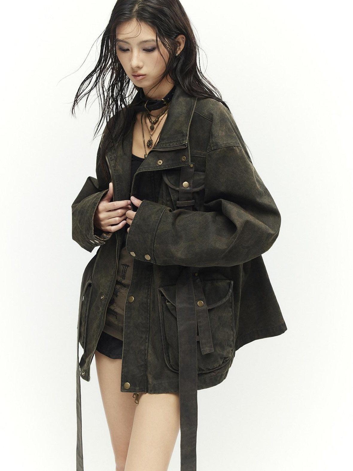 Low pixel Insulated Utility Slim Multi Pocket Stand Collar Women Cropped Jackets
