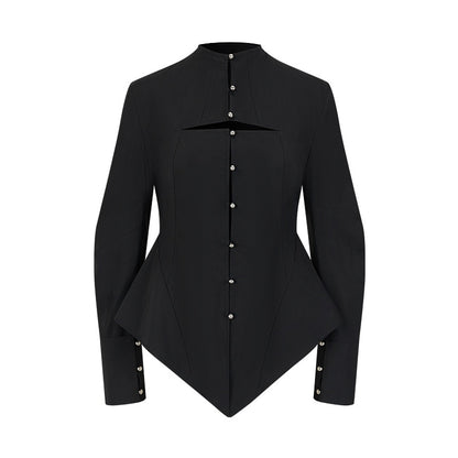 AnnoMundi_Waist_Cinch_Fitted_Casual_Long_Sleeve_Stand_Collar_Cotton_Blend_Women_Blouses_MISSTT