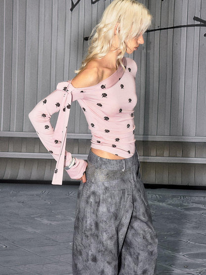 The NeverMore Soft Casual Slim Fit Pink Rose Floral Lyocell Women Long Sleeve Crop Tops