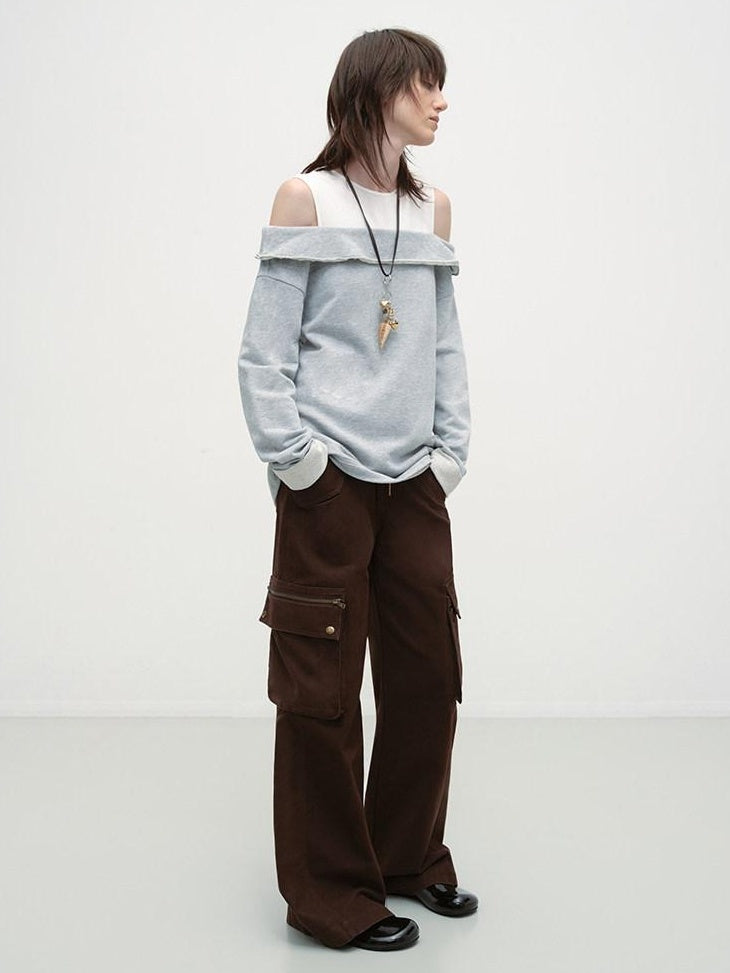 RUN TO THE FUTURE Gray White Patchwork Layered Loose Crewneck Commuter Women Pullover Sweatshirts