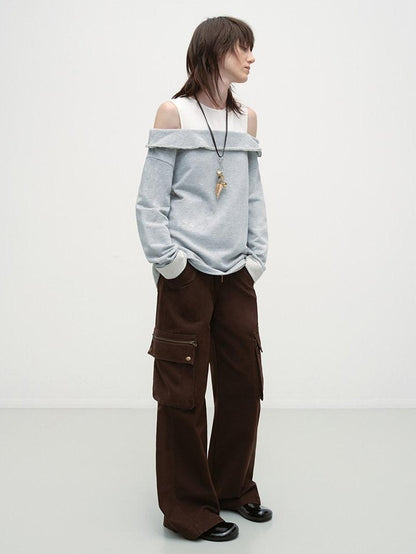 RUN TO THE FUTURE Gray White Patchwork Layered Loose Crewneck Commuter Women Pullover Sweatshirts
