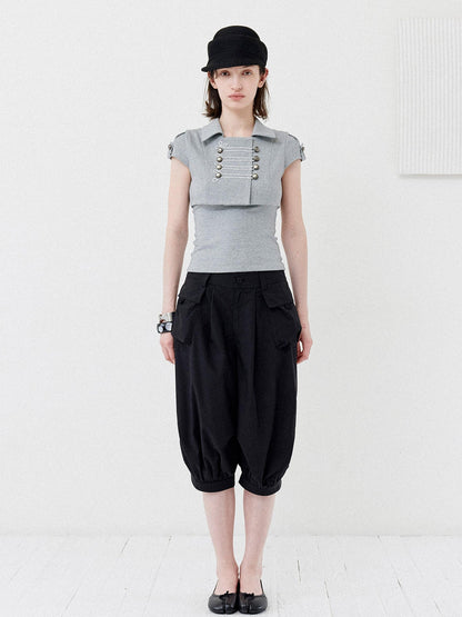 DKZ OFFICIAL Grey Double Breasted Cropped Collared Women&