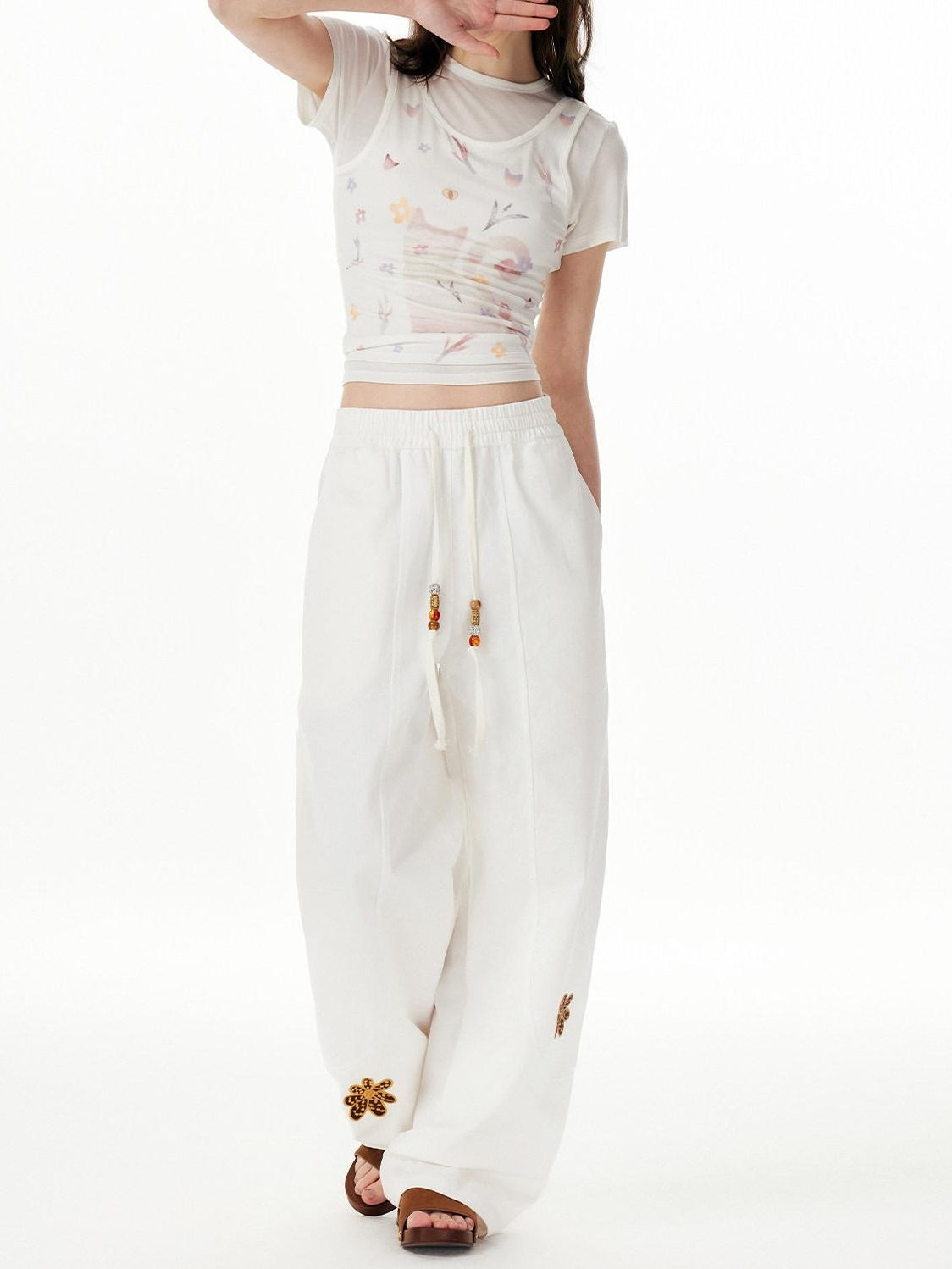 OuttheBlue Cotton Drawstring Pockets Natural Waist Workwear Long White Wide Leg Pants