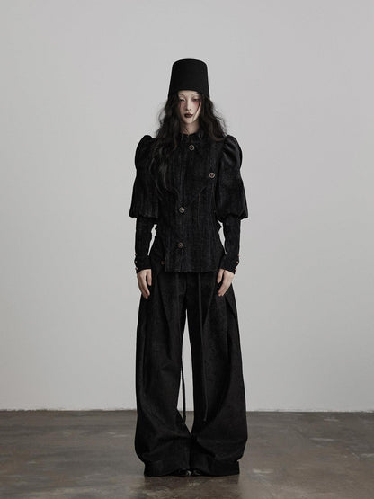 INDULGE Stretchy Waist Cinch Gothic Loose Fit Button Front Women Black Cropped Jackets