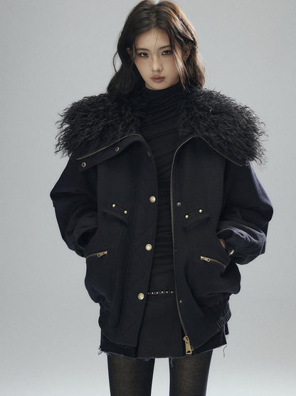 Low pixel Thick Wool Blend Multi Pocket Loose Fit Sexy Girl Black Zipper Cropped Jackets