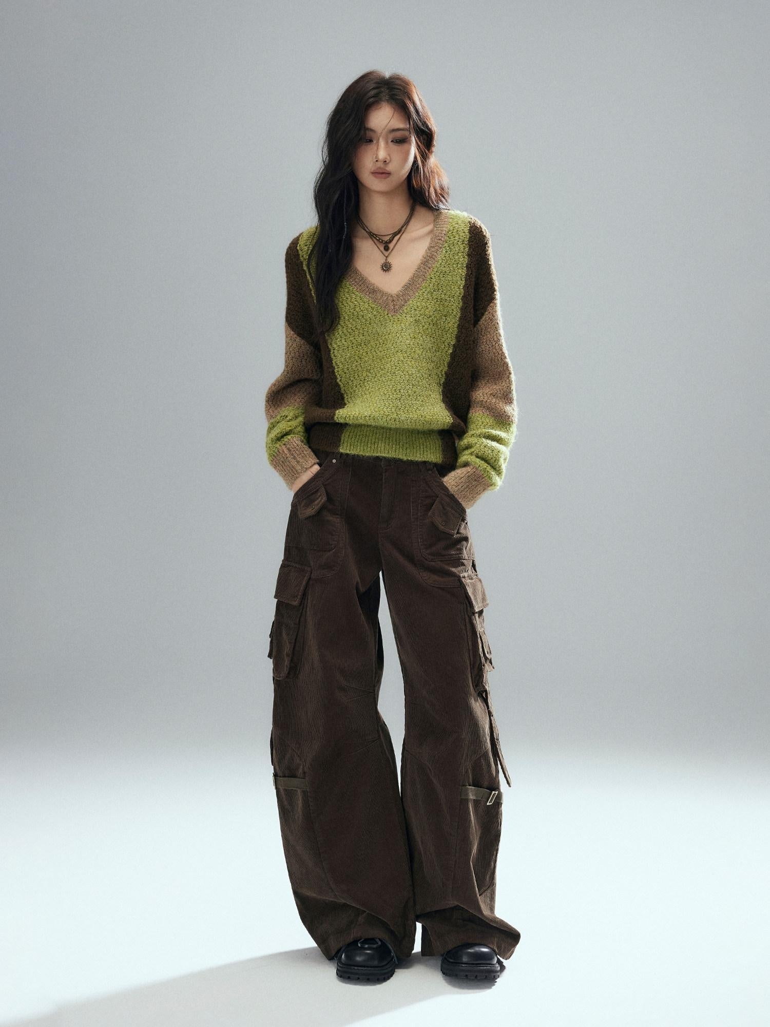 Low pixel Thick Sheep Wool Patchwork Streetwear Loose Fit V-neck Pullover Youth Sweaters