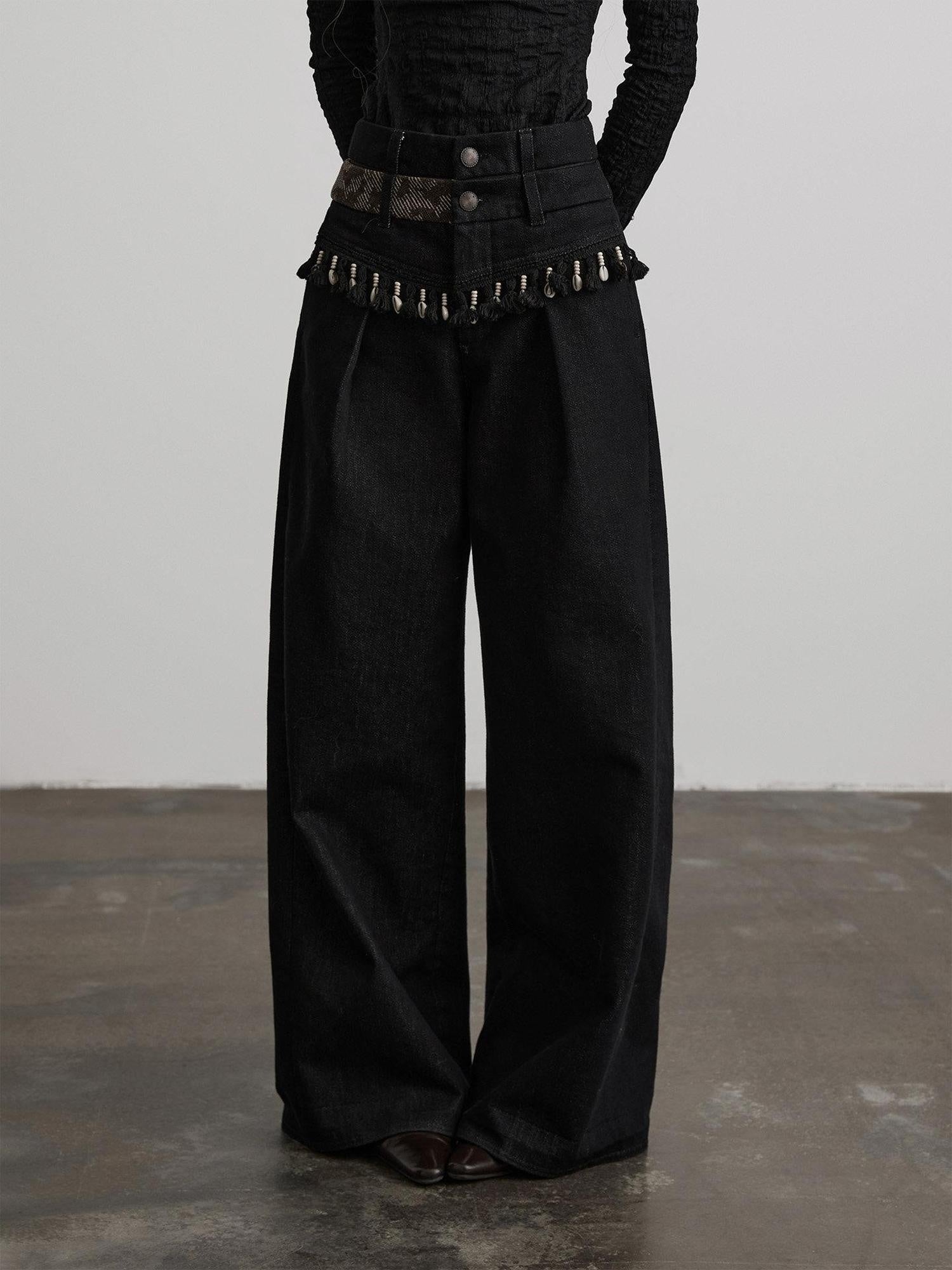 INDULGE Durable Washed Natural Waist Pockets Women Black Cotton Wide-Leg Jeans