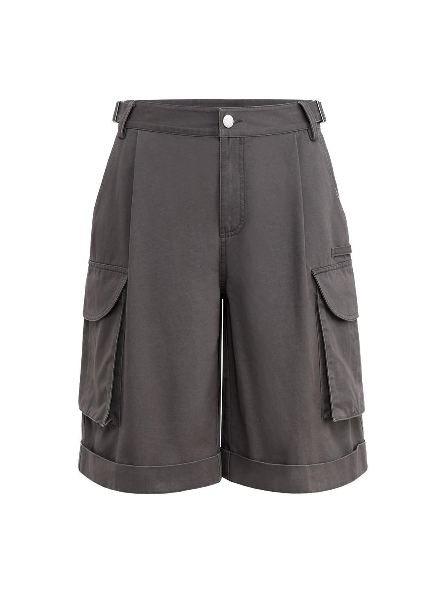 RUN TO THE FUTURE Low Rise Pockets Wide Leg Loose Cotton Women Dark Gray Zip Fly Short Trousers