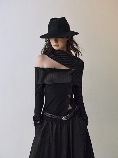 AnnoMundi Viscose Blend Slim Fit Off Shoulder Women Black Grey Long Sleeve T-Shirts