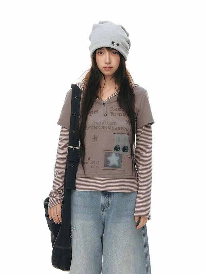 NAPSNAPS Striped Patchwork Letter Print Hooded Women&