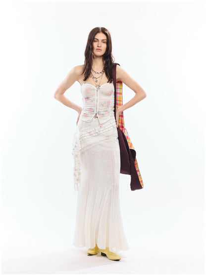 2th Desire High Waist Lyocell Cotton Patchwork Fishtail Tie Waist Women Maxi Skirts
