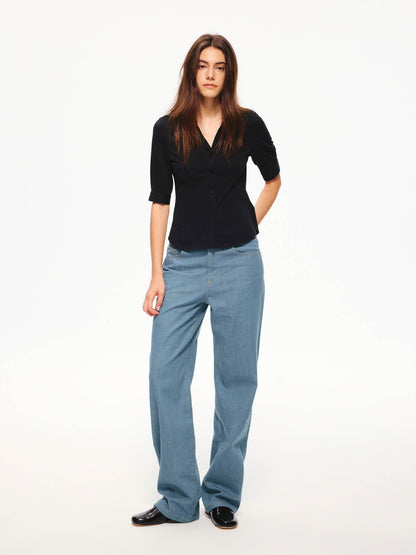 Northbutsouth Snowflake Texture Lightweight Slim Fit V-neck Mid Sleeve Women&
