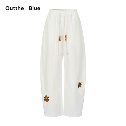 OuttheBlue Cotton Drawstring Pockets Natural Waist Workwear Long White Wide Leg Pants