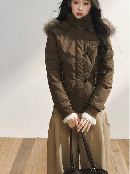 7Shiftin Warm Hooded Two Tone Fur Collar Toggle Closure Short Casual Women Puffer Jackets