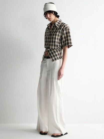 RUN TO THE FUTURE Skin Friendly Breathable Vintage Slim Tie Women Plaid Button Collar Shirts