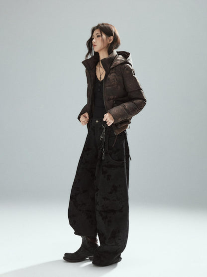 Low pixel Black Cotton Flocked Low Rise Loose Street Women Zip Fly Wide Leg Jeans