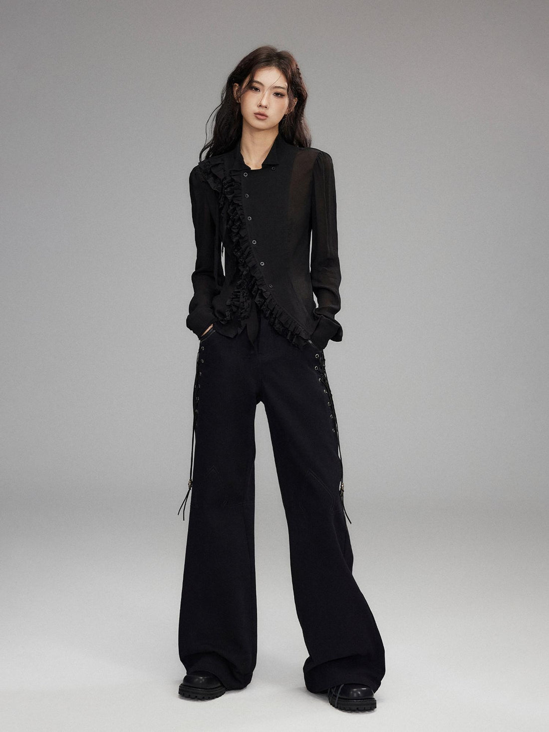 Low pixel Pure Cotton Low Rise Wide Leg Zipper Casual Womens Black Straight Pants