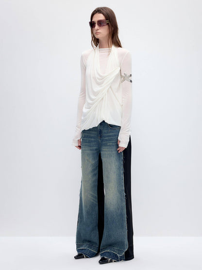 RUN TO THE FUTURE Tencel Wool Blend Pleated Commuter Slim Solid Milk White Long Sleeve T-Shirts