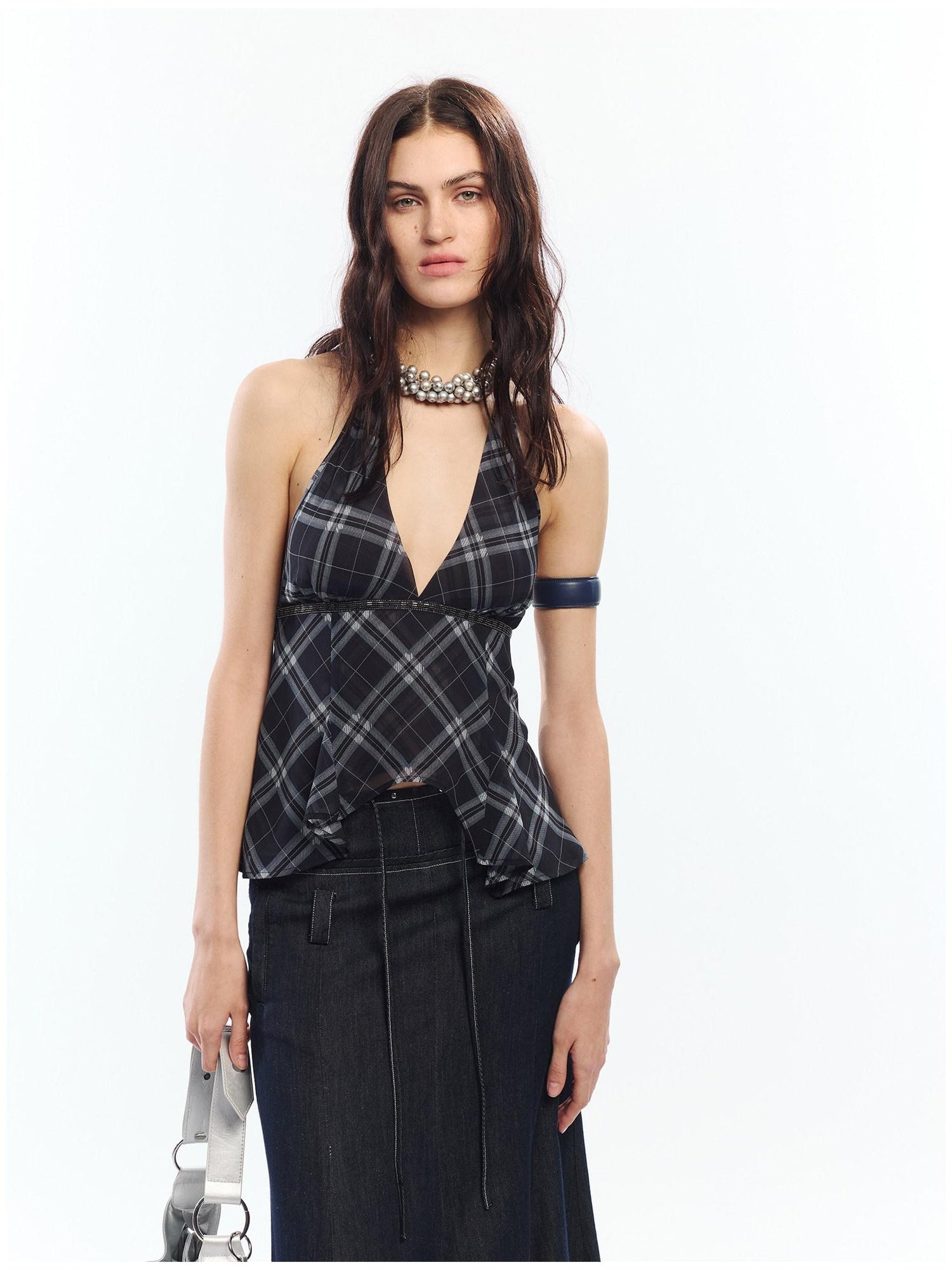 2th Desire Printed Plaid Halter V-neck Slim Fit Polyester Women Chic Tank Tops