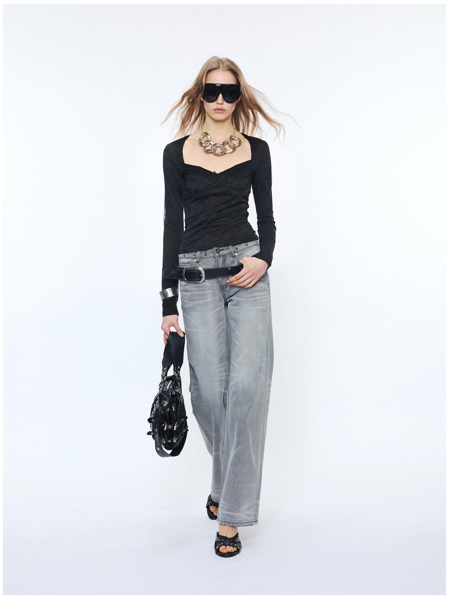 2th Desire Sexy Nylon Slim Vneck Cropped Butterfly Bow Black Long Sleeve T-Shirts