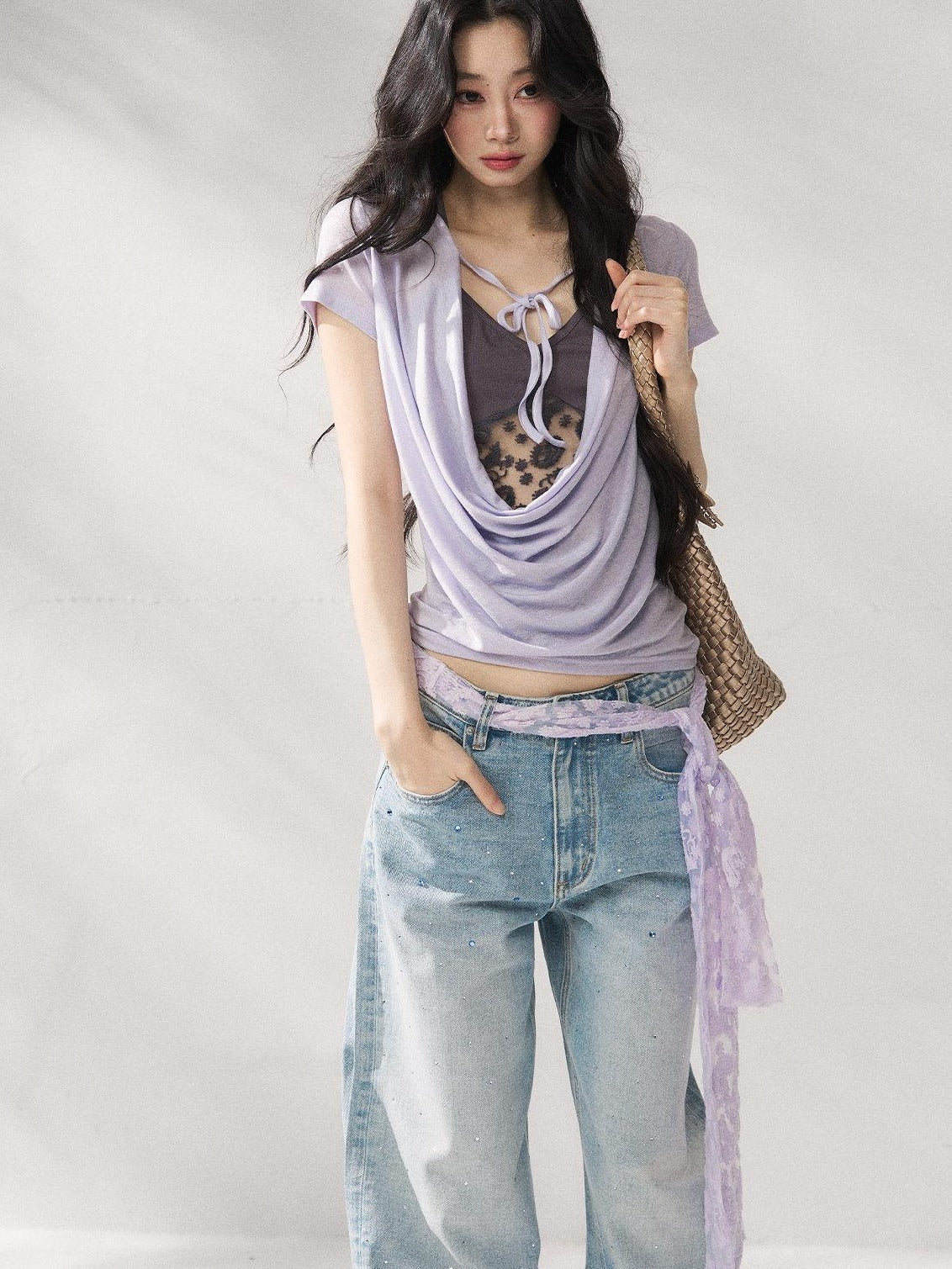7Shiftin Purple Tie Front Relaxed Crew Neck Short Sleeve Casual Women Basic Crop Tops
