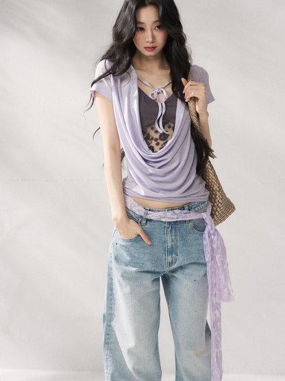 7Shiftin Purple Tie Front Relaxed Crew Neck Short Sleeve Casual Women Basic Crop Tops