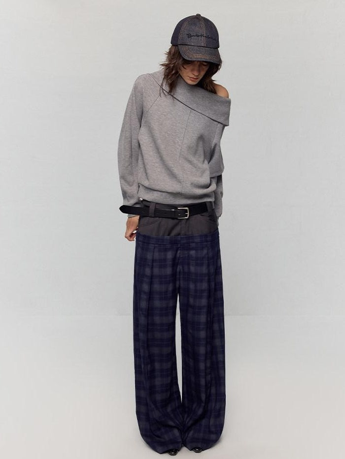 RUN TO THE FUTURE Asymmetric Slanted Neck Loose Fit Retro Office Pullover Heather Gray Sweatshirts