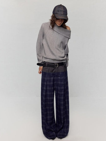 RUN TO THE FUTURE Asymmetric Slanted Neck Loose Fit Retro Office Pullover Heather Gray Sweatshirts