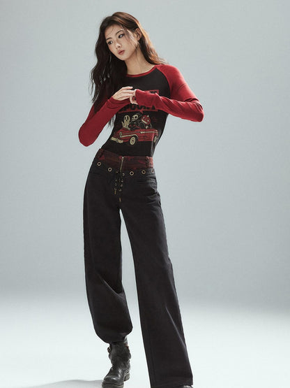 Low pixel Pure Cotton Patchwork Low Waist Street Zipper Women Colorblock Straight Pants