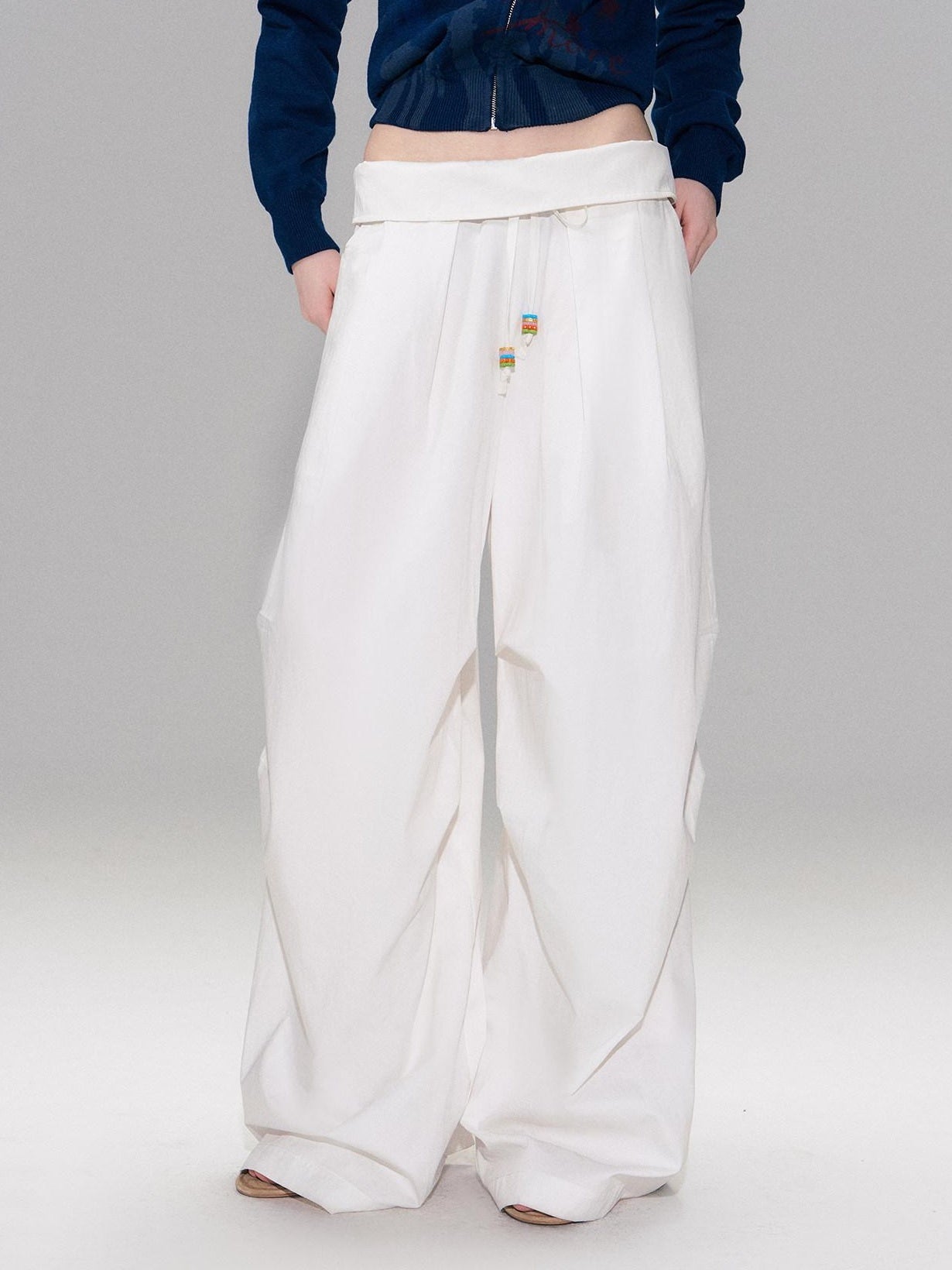 The NeverMore Cotton Blend Vintage Curved Cut Natural Waist Women White Wide Leg Pants