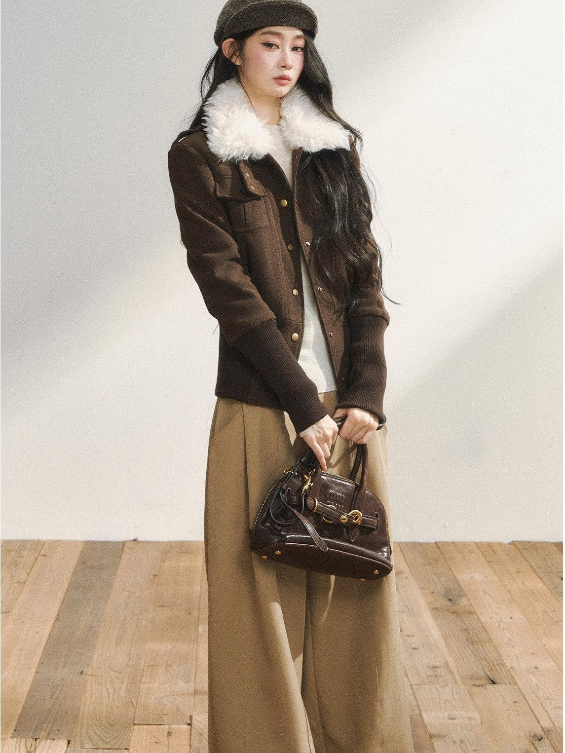 7Shiftin Slimming Casual Loose Fit Womens Brown Button Front Cropped Jackets