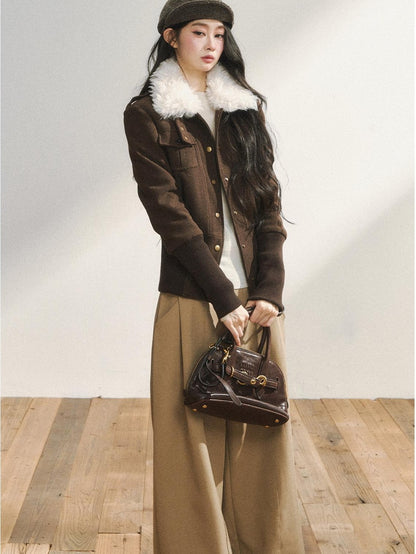 7Shiftin Slimming Casual Loose Fit Womens Brown Button Front Cropped Jackets