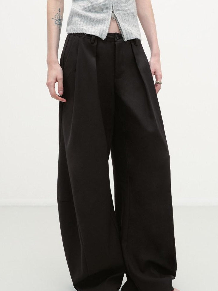 RUN TO THE FUTURE Pleated Minimalist Mid Rise Micro Stretch Casual Loose Fit Black Wide-Leg Pants
