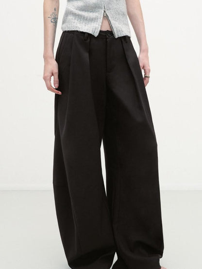 RUN TO THE FUTURE Pleated Minimalist Mid Rise Micro Stretch Casual Loose Fit Black Wide-Leg Pants
