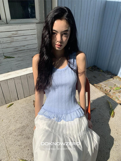 DKZ OFFICIAL Ribbed Knit Ruffle Hem U Neck Racerback Women&