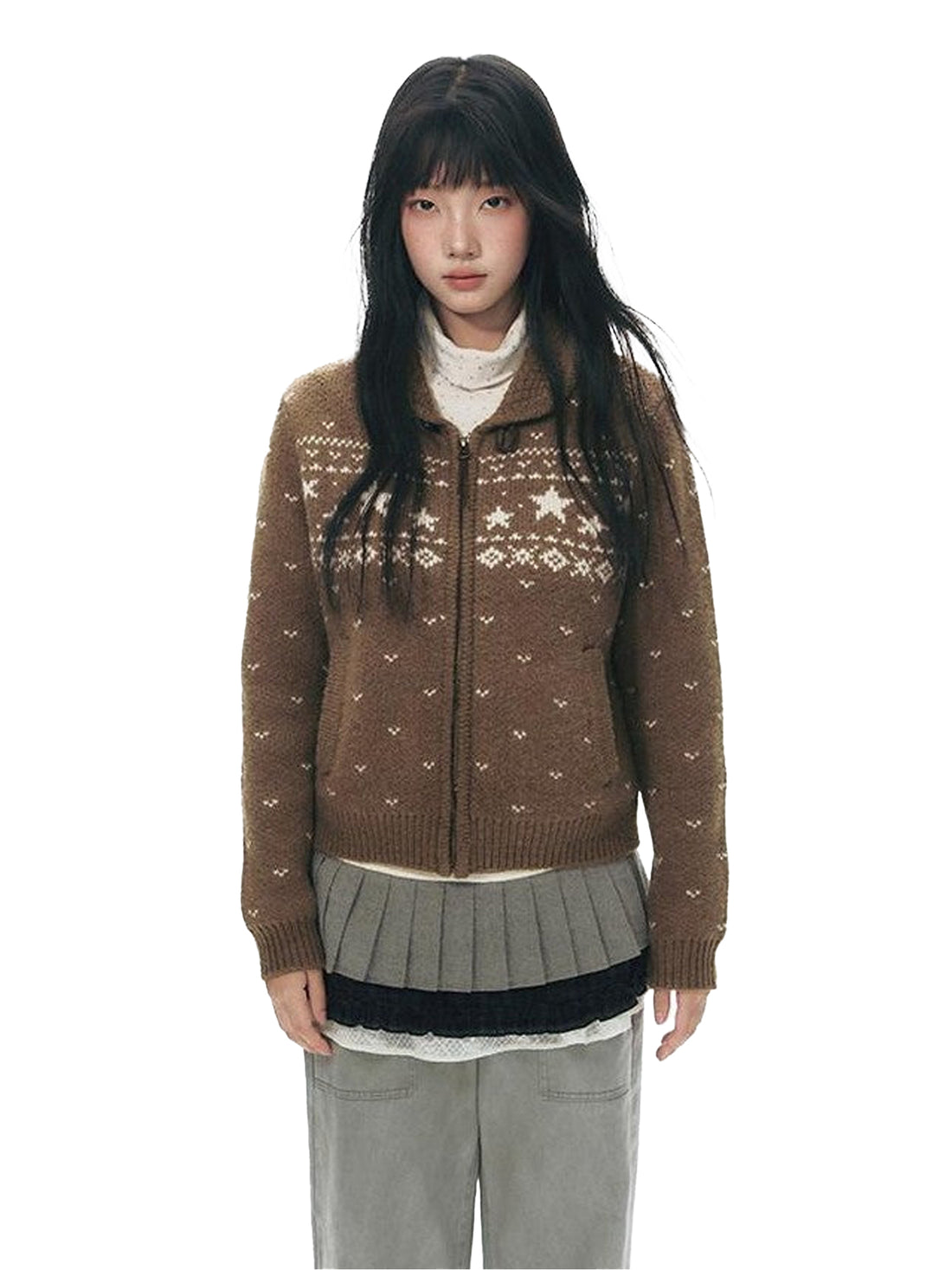 NAPSNAPS Vintage Fair Isle Star Knit Turndown Collar Women&
