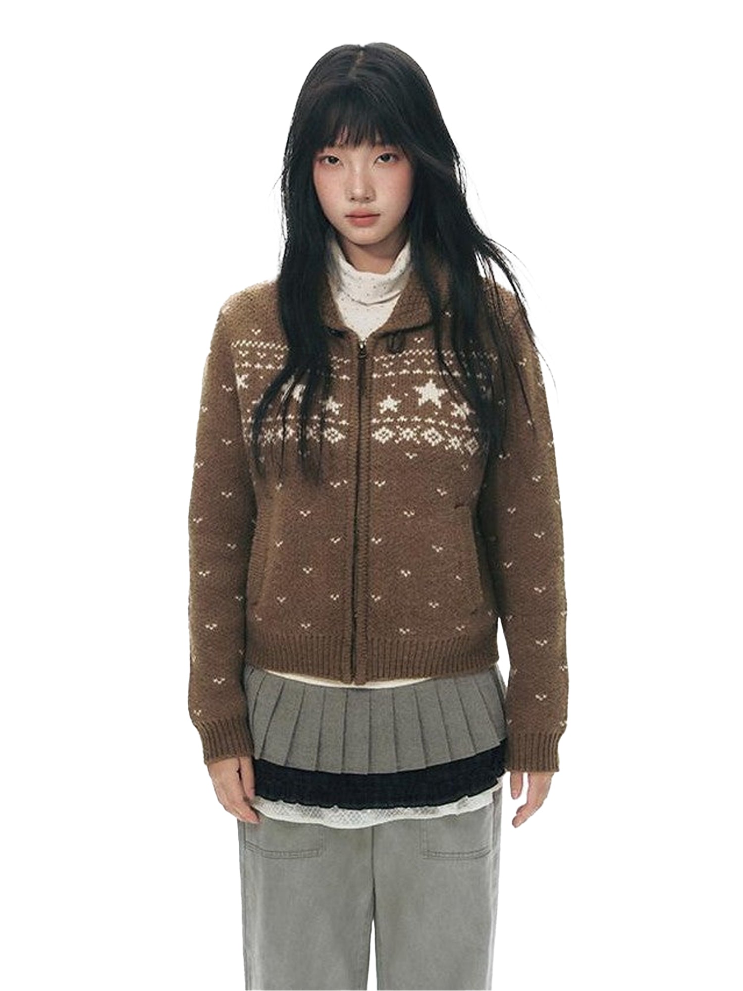 NAPSNAPS Vintage Fair Isle Star Knit Turndown Collar Women&