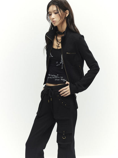 Low pixel Studded Slim Fit Zip Front Stand Collar Thick Cotton Black Top &amp; Pants Sets