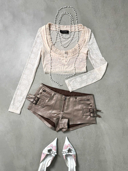 Flowers_birds_Market_Bow_Mesh_Patchwork_Slim_Casual_Cropped_Round_Neck_Women_Long_Sleeve_T-Shirts_MISSTT
