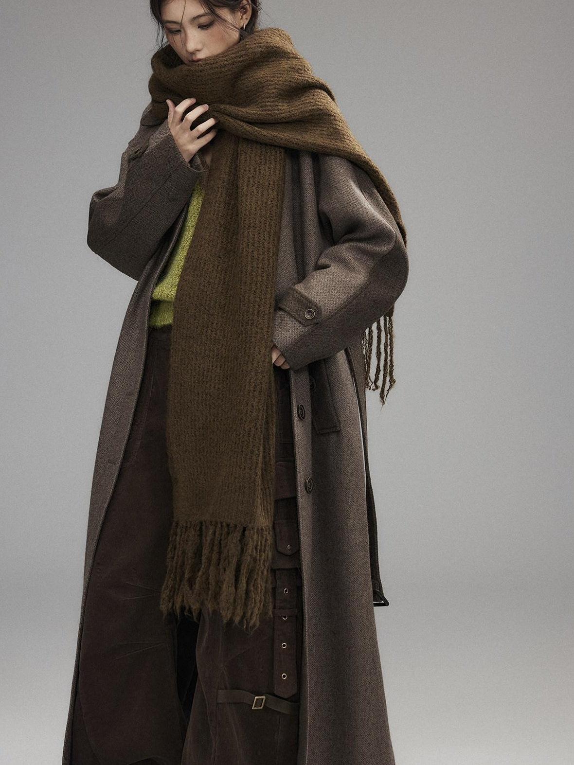 Low pixel Wool Blend Thick Colorblock Oversized Stand Collar Single Breasted Wool Coats