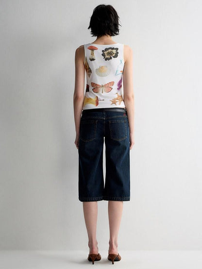 RUN TO THE FUTURE Original Print Asymmetrical Slim Fit Tencel Cropped Animal Women White Tank Tops